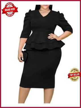 V-Neck Plus Size Peplum Dress 3/4 Sleeves Midi Bodycon Dress Work Church Outfits